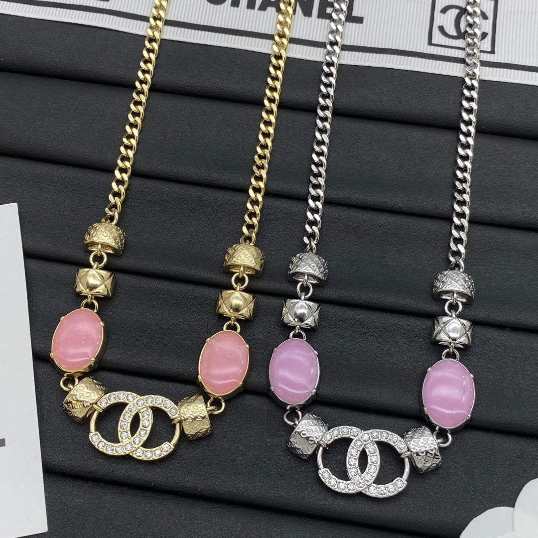Elegant CC Pavé Pink Stone Quilted Bead Chunky Chain Necklace