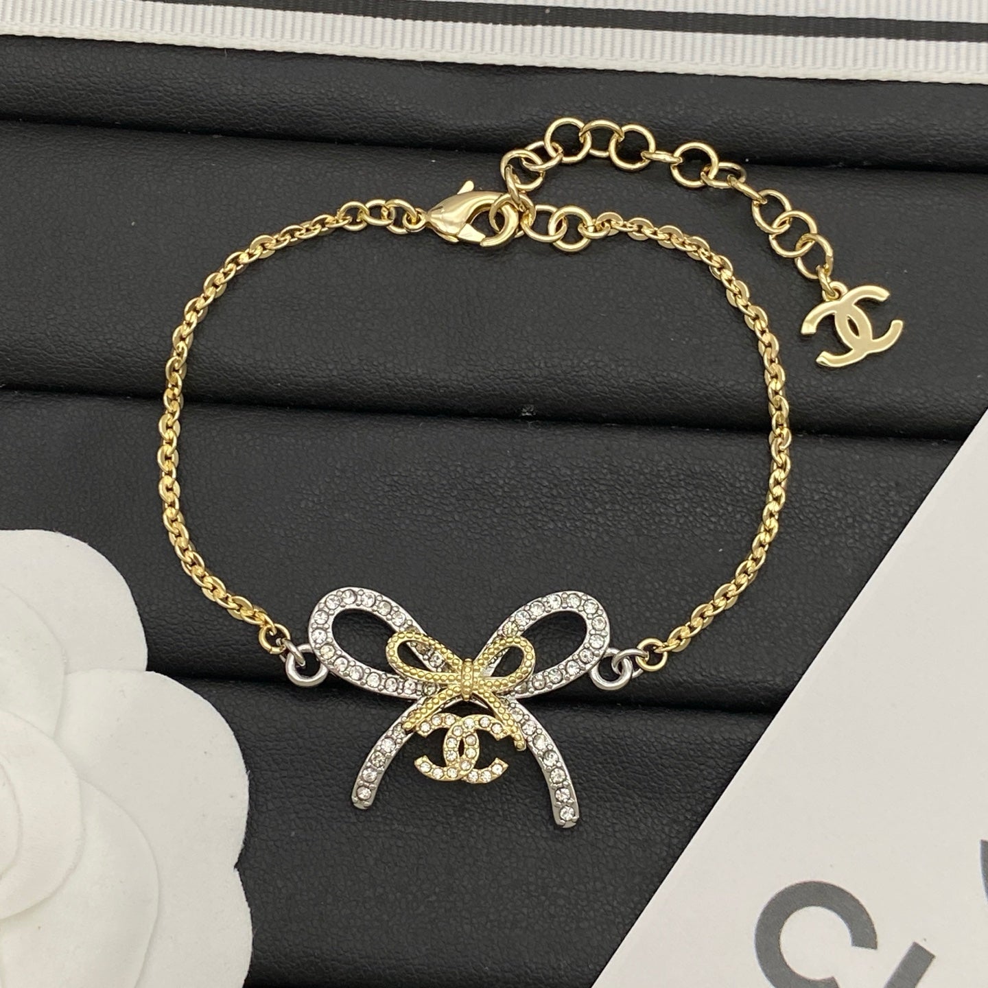 Crystal Pavé Bow Knot Jewelry Set | Logo Charm Clasp | Gold-Tone Necklace & Bracelet
