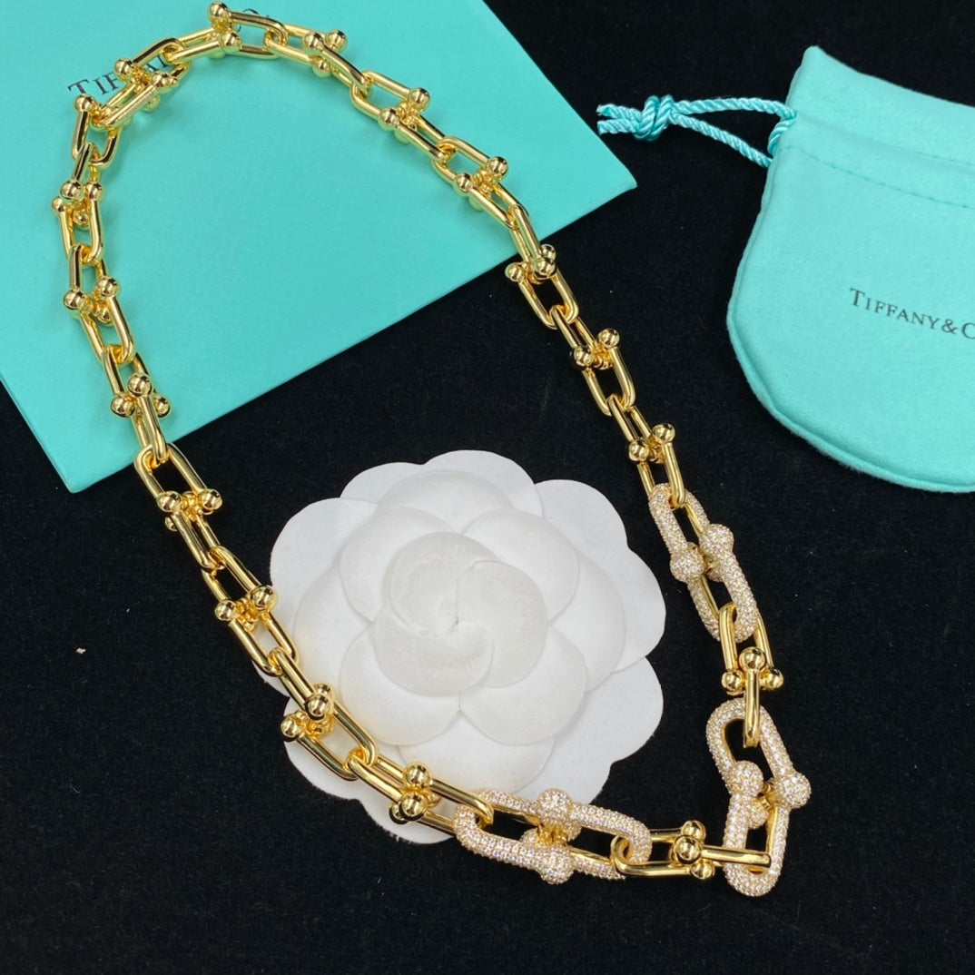 Ball Stud Link Chain Pavé U-Clasp Necklace – Gold, Silver, Rose Gold