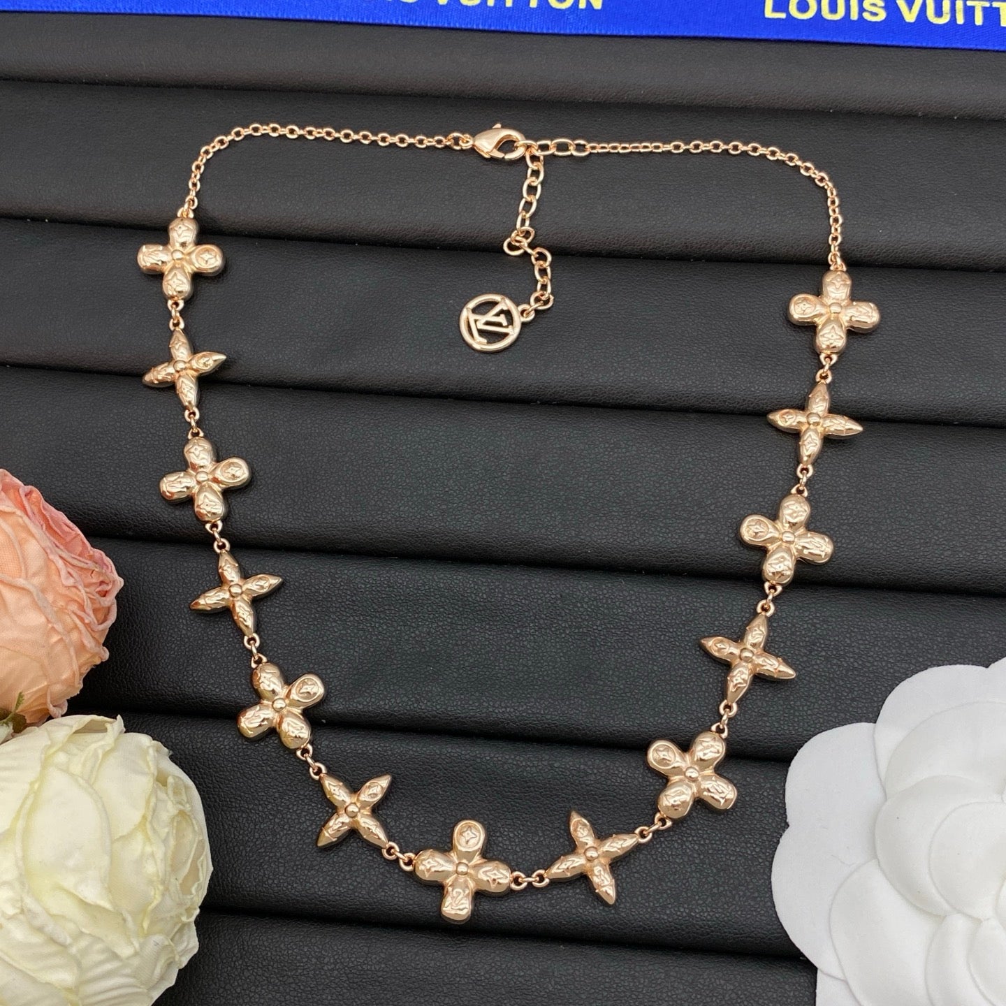 Embossed Four-Petal Flower Station Necklace & Bracelet Set
