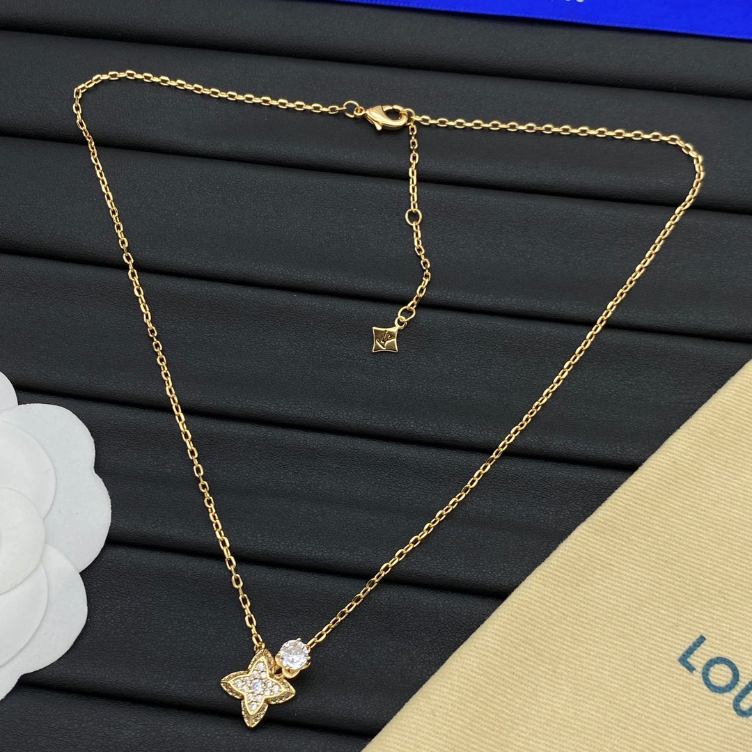 Dainty Pavé Four-Petal Flower & CZ Drop Pendant Necklace