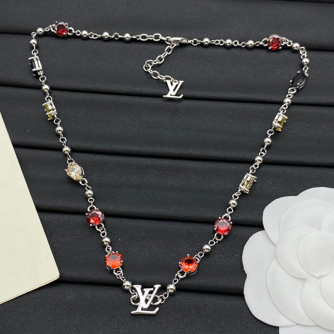Mixed CZ Pear & Round Colorful Stone Station Necklace