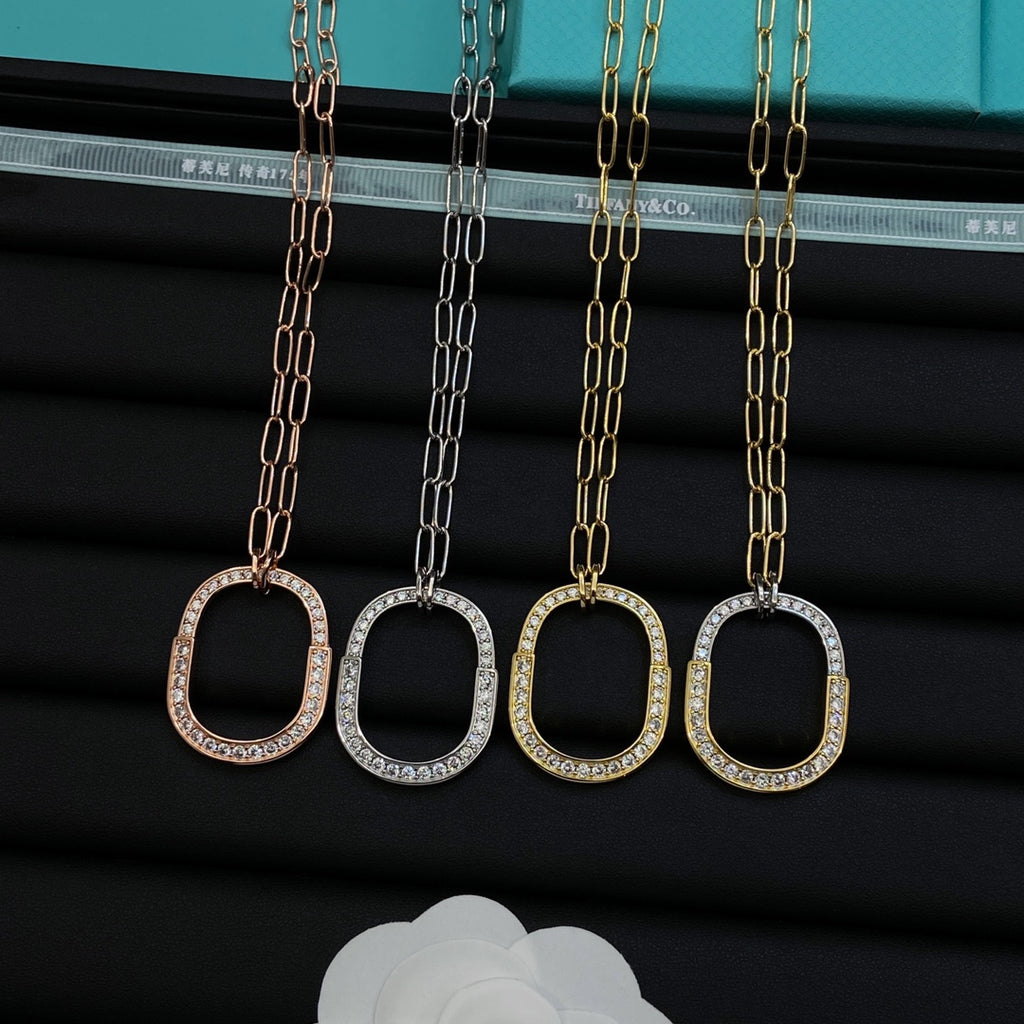 Pavé Crystal Open Square Oval Pendant Paperclip Chain Necklace – 4 Colors