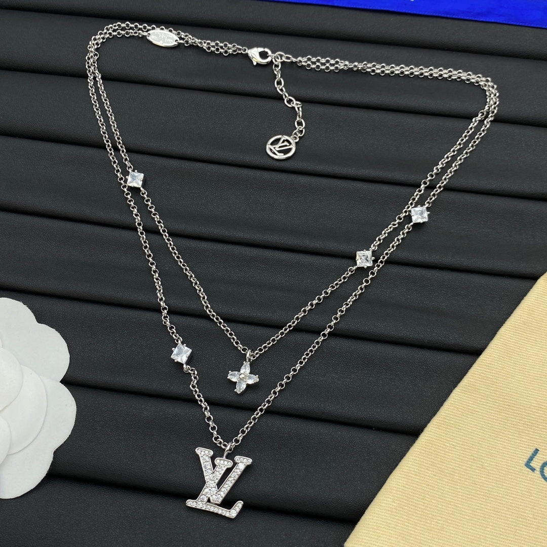 Princess Cut CZ Station & Four-Petal Flower Double Layer Long Necklace