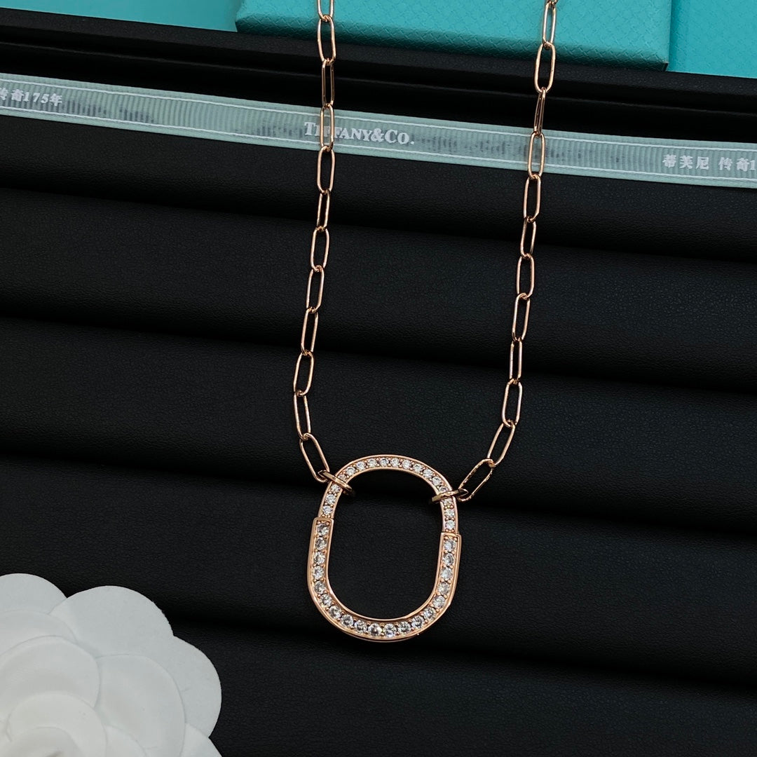 Pavé Crystal Open Square Oval Pendant Paperclip Chain Necklace – 4 Colors