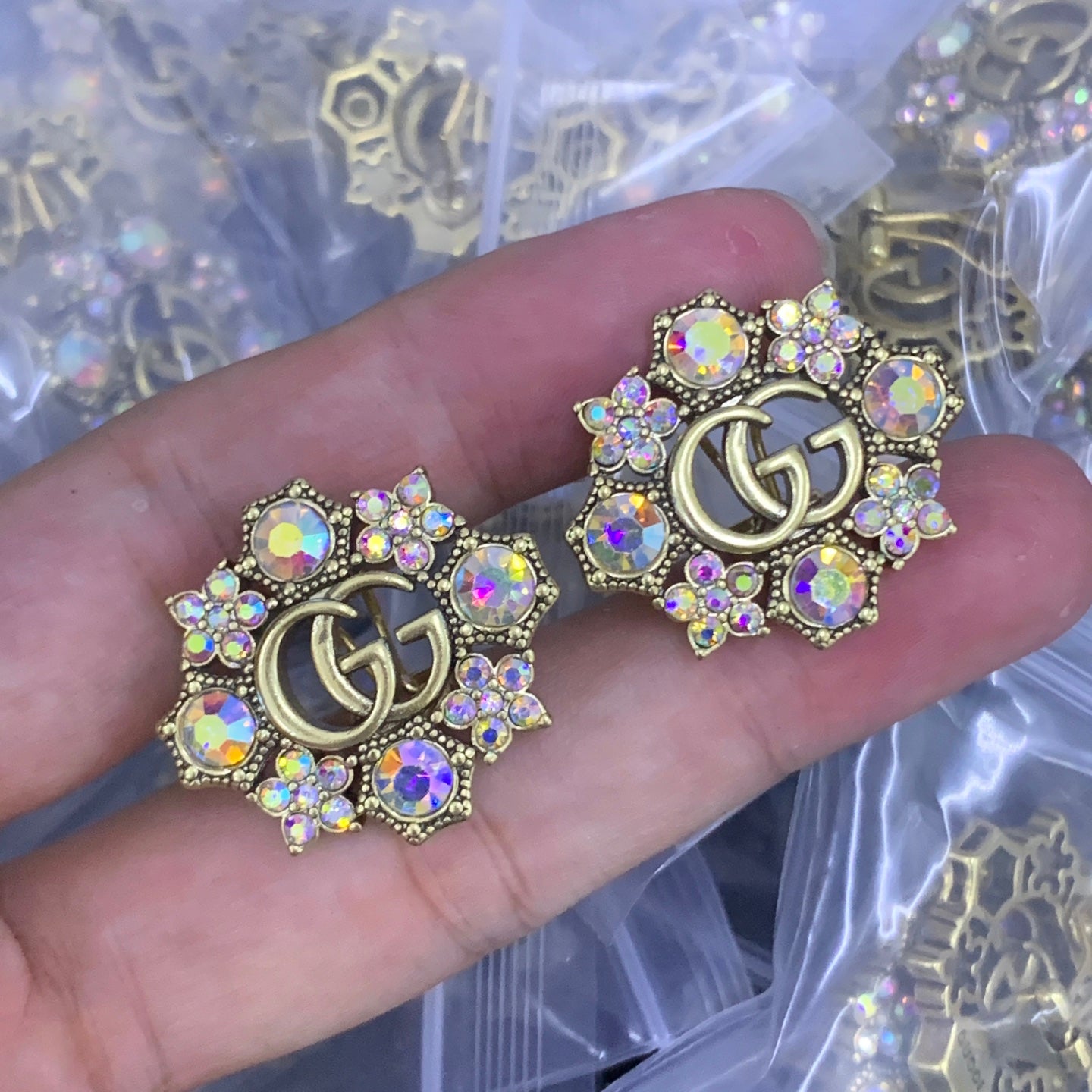 Vintage Aurora Crystal Flower Double Ring Logo Jewelry Set