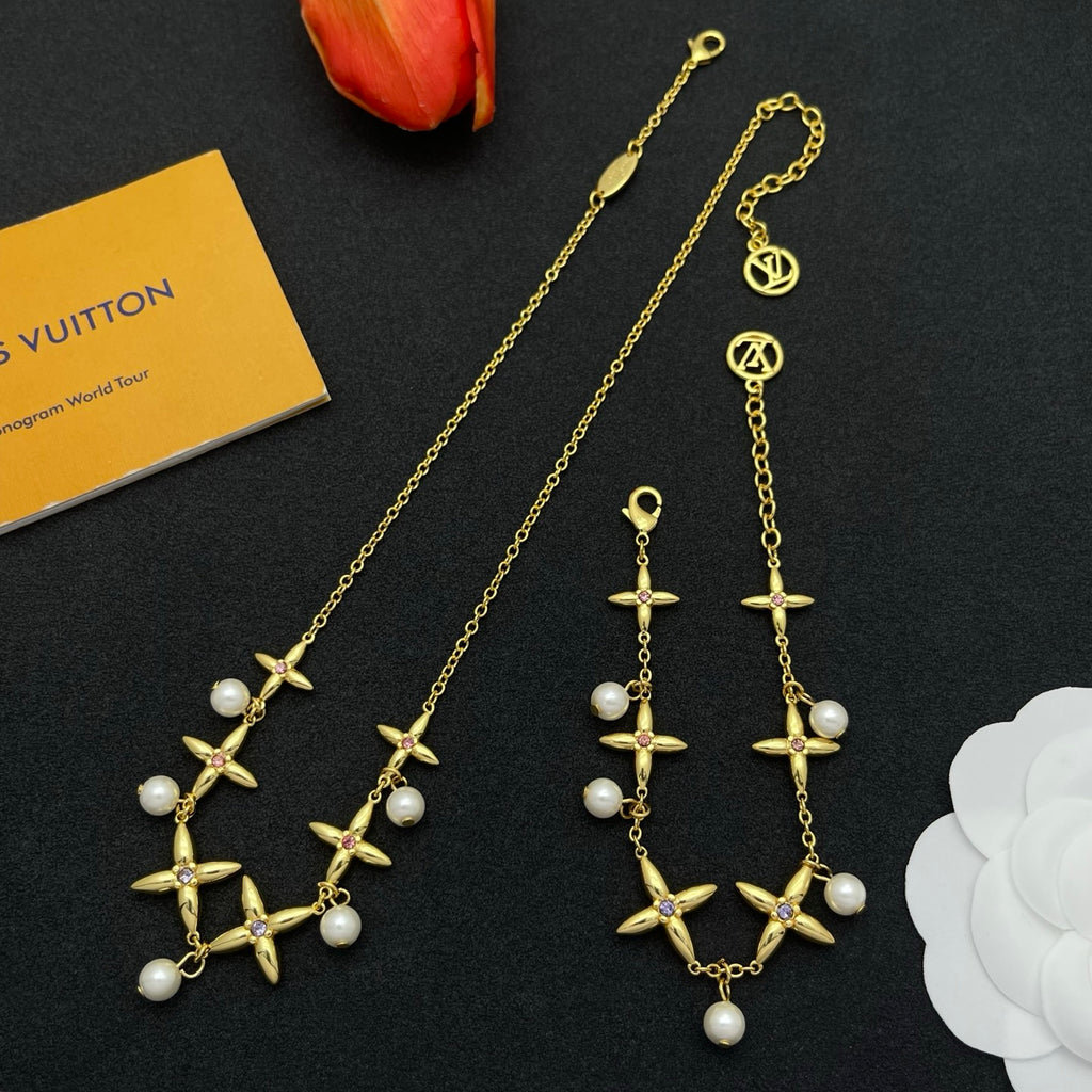 Pearl & Flower Cluster Pendant Jewelry Set