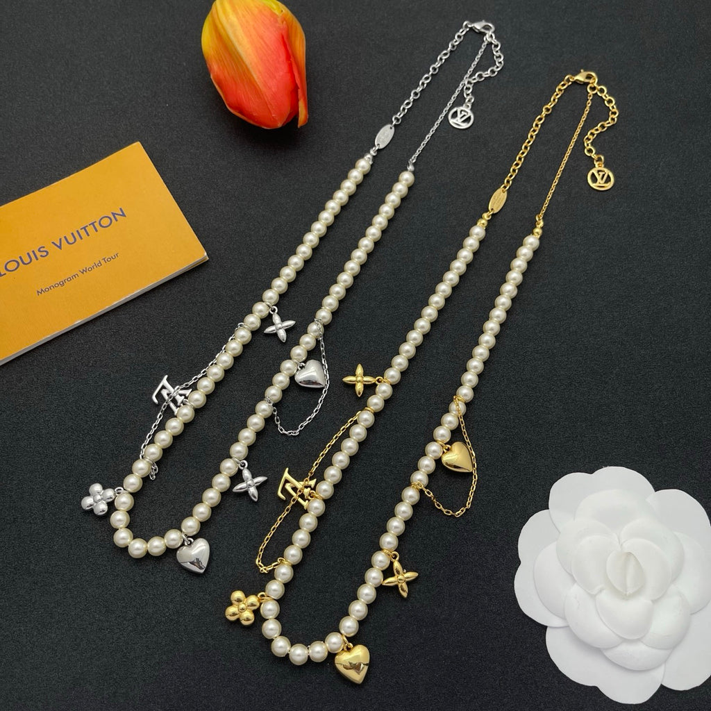 Pearl Strand Necklace with Heart & Floral Multi-Charm