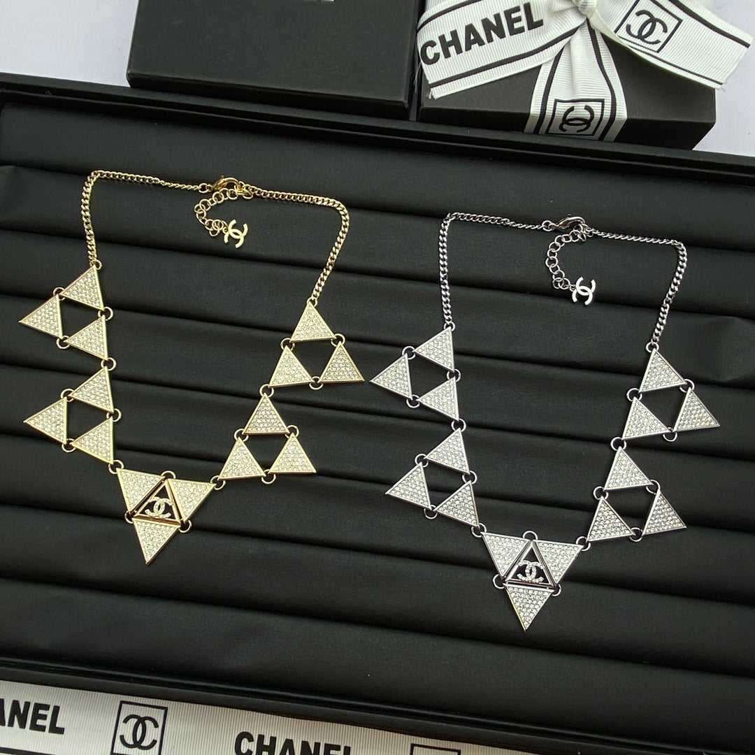 Pavé Crystal Triangle CC Station Chain Necklace – Gold & Silver