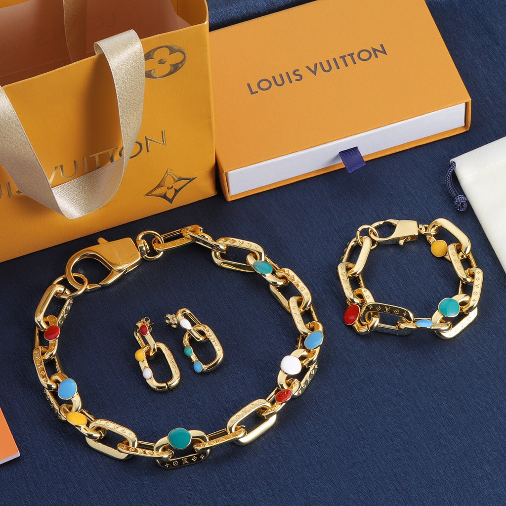 Colorful Enamel Dot Monogram Chain Jewelry Set – Gold-Tone Chunky Necklace, Bracelet & Earrings