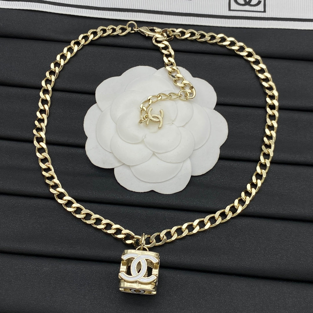 Enamel CC Cylinder Charm Curb Chain Necklace – Pink & White
