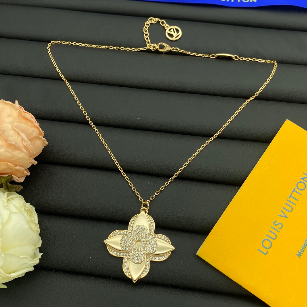 Oversized Pavé Four-Petal Flower Statement Pendant Necklace