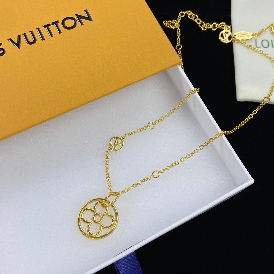 Hollow Round Monogram Flower Pendant Necklace & Bracelet