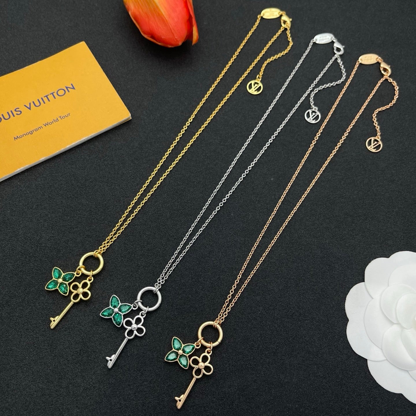 Emerald Floral Key Pendant Necklace