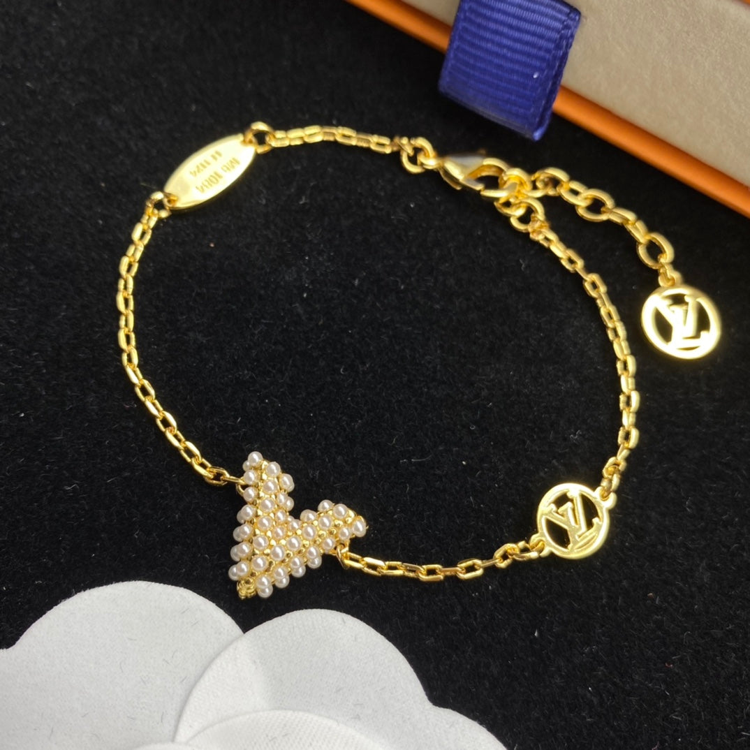 Pearl-Encrusted V Monogram Necklace, Bracelet & Hoop Earring Set
