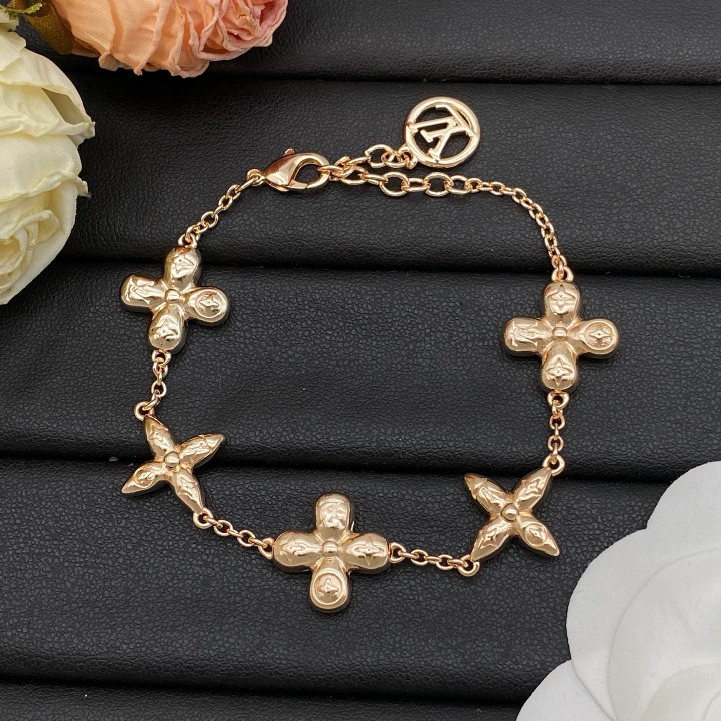 Embossed Four-Petal Flower Station Necklace & Bracelet Set