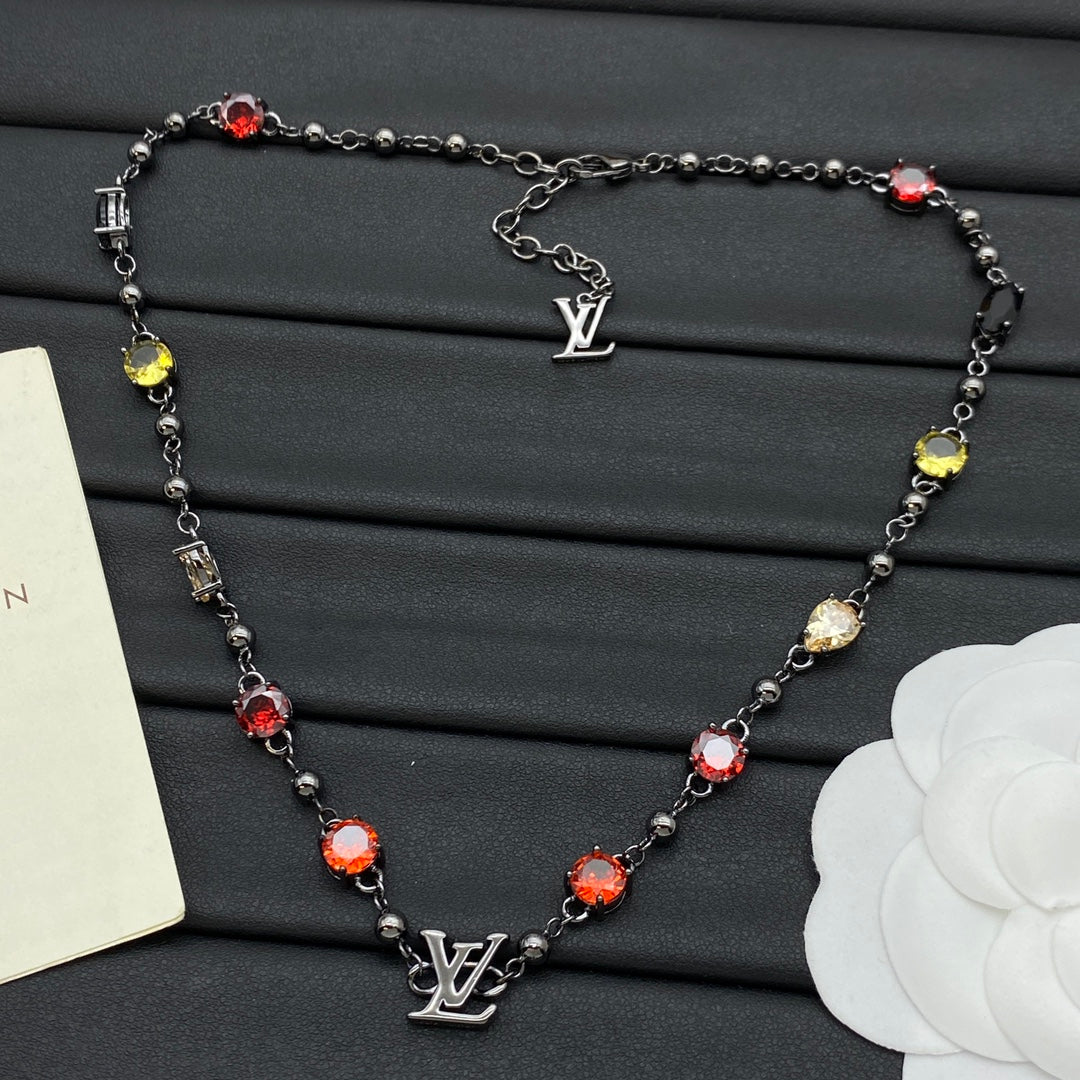 Mixed CZ Pear & Round Colorful Stone Station Necklace