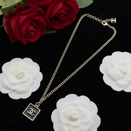 Black Enamel Square Pendant Curb Chain Necklace