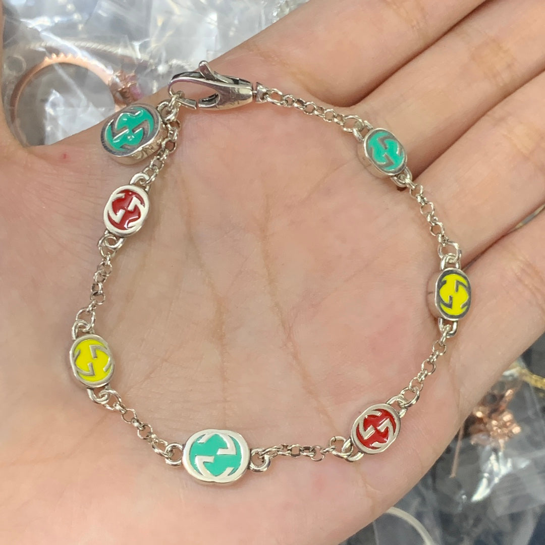 Silver Multicolor Enamel Logo Charm Chain Jewelry Set