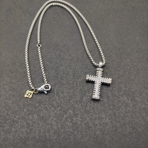 Cable Texture Pavé Cross Pendant Necklace