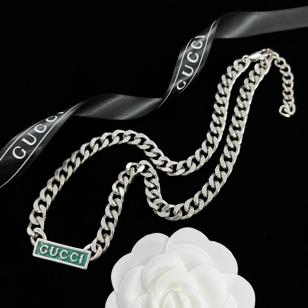 Green Enamel Logo Bar Cuban Chain Jewelry Set