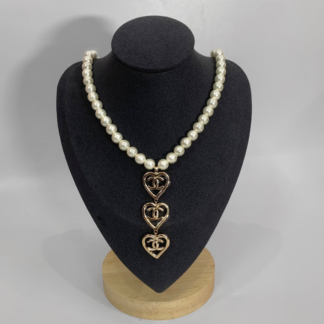 Pearl Strand Cascading Hollow Heart Charm Jewelry Set