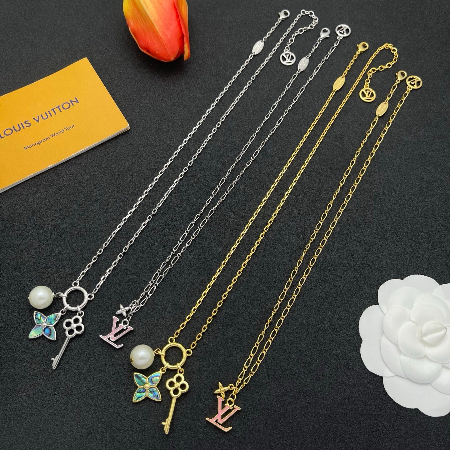 Abalone Butterfly Floral Key Charm Necklace with Pearl Accent
