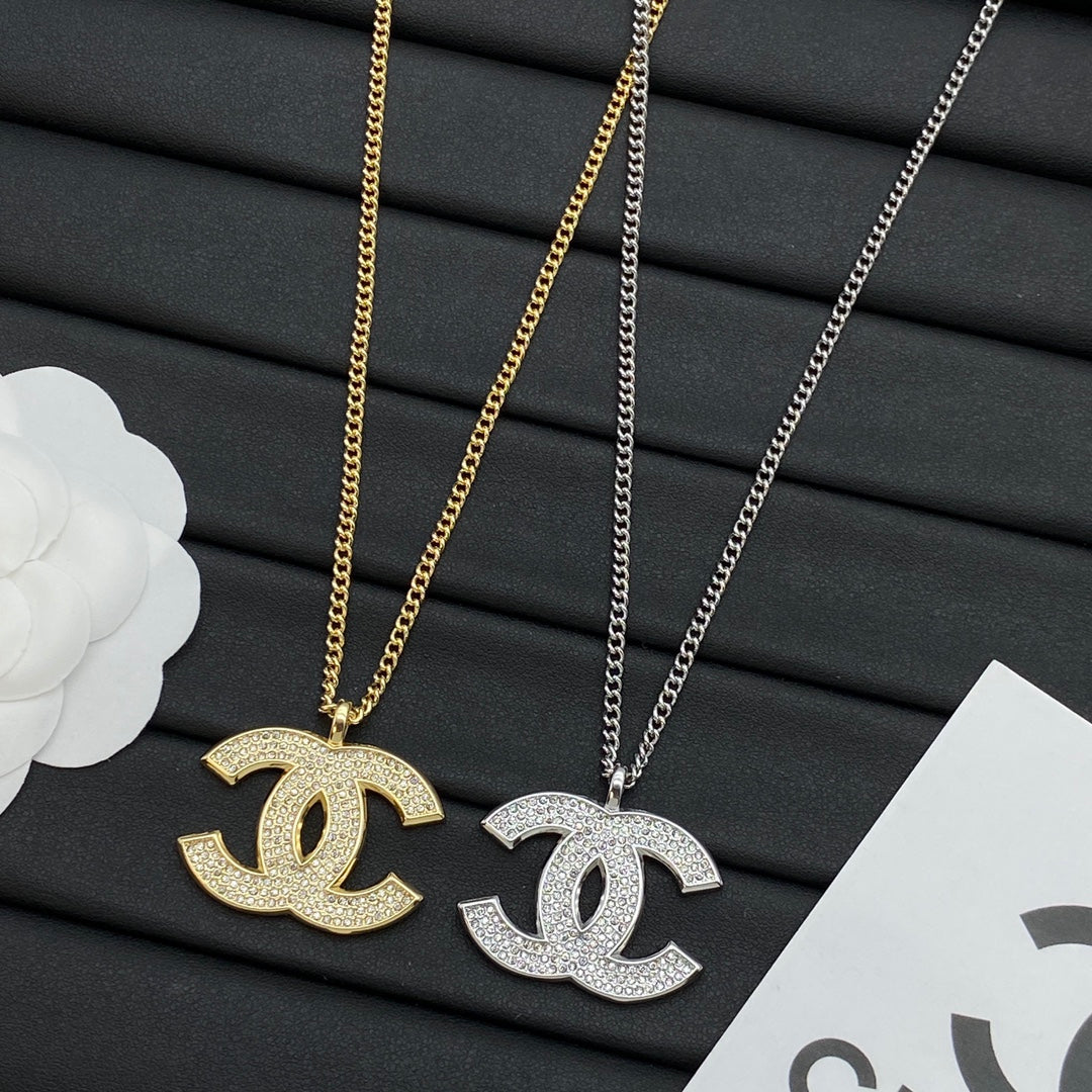 Oversized Full Pavé CC Logo Pendant Long Curb Chain Necklace – Gold & Silver