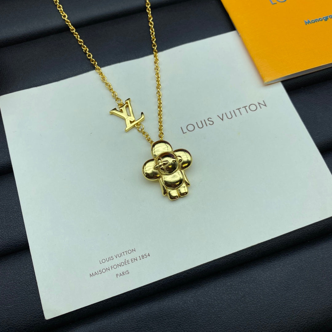 3D Puffy Teddy Bear Charm Double Drop Cable Chain Necklace