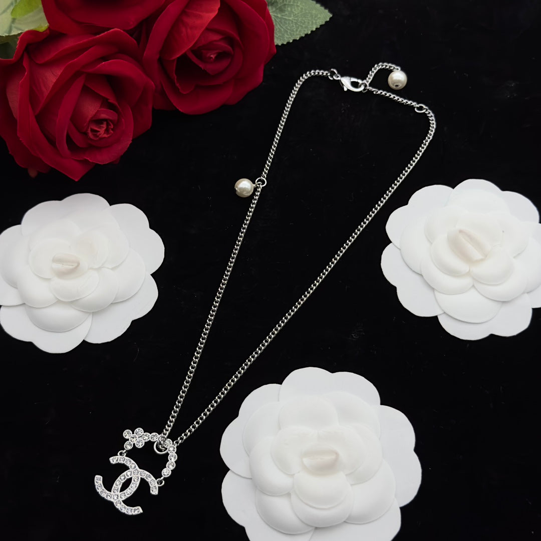 Crystal Interlocking Double-C Charm Curb Chain Necklace with Pearl Accent