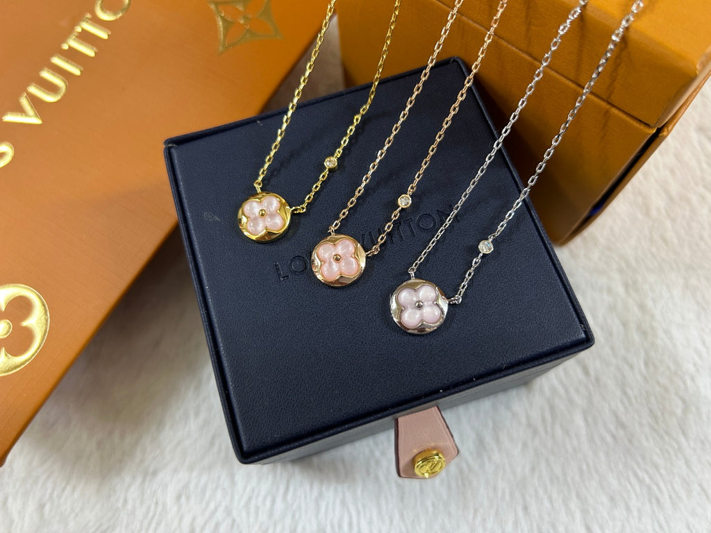 Blush Pink Mother-of-Pearl Clover Round Disc Pendant Necklace