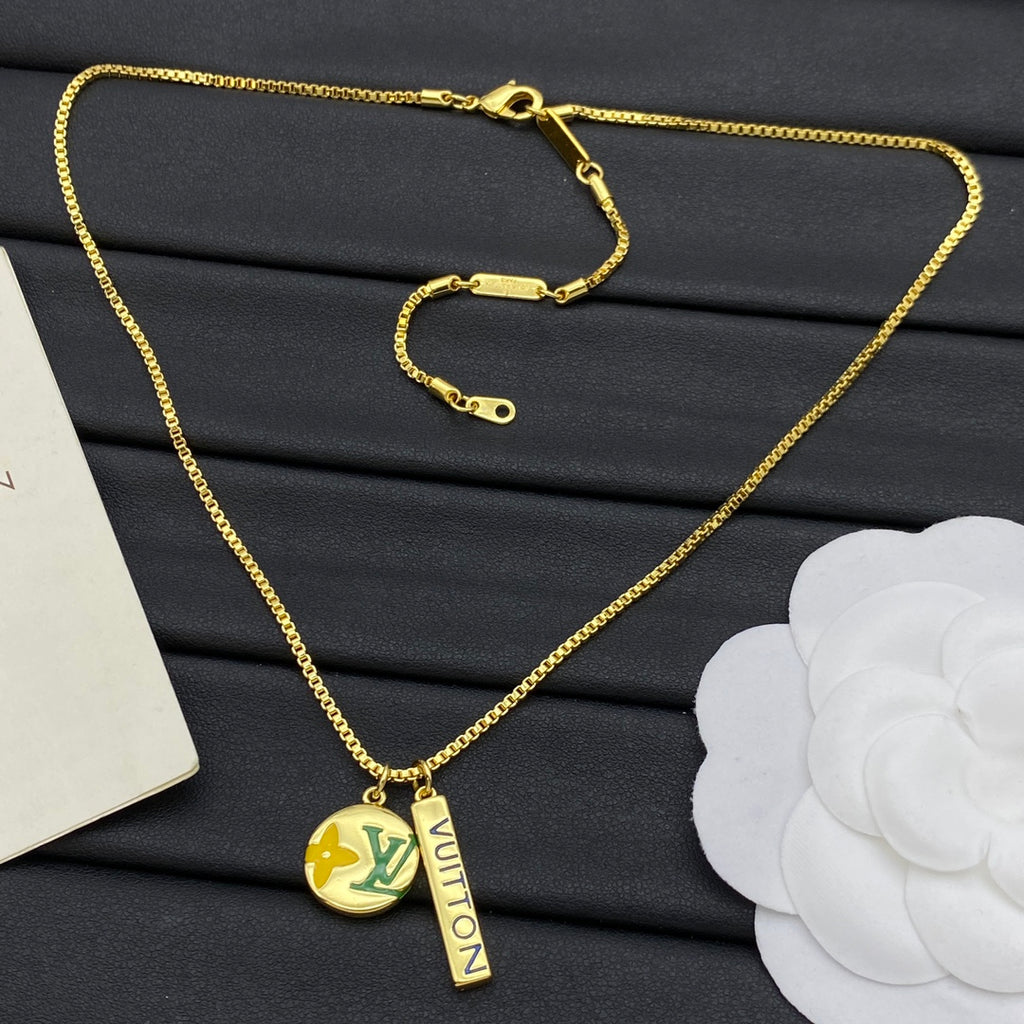 Enamel Coin & Bar Double Charm Box Chain Necklace