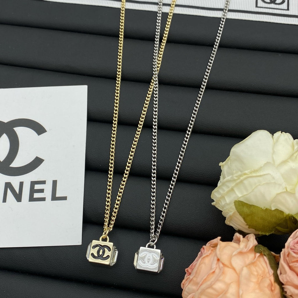 CC Logo Cube Pendant Curb Chain Necklace