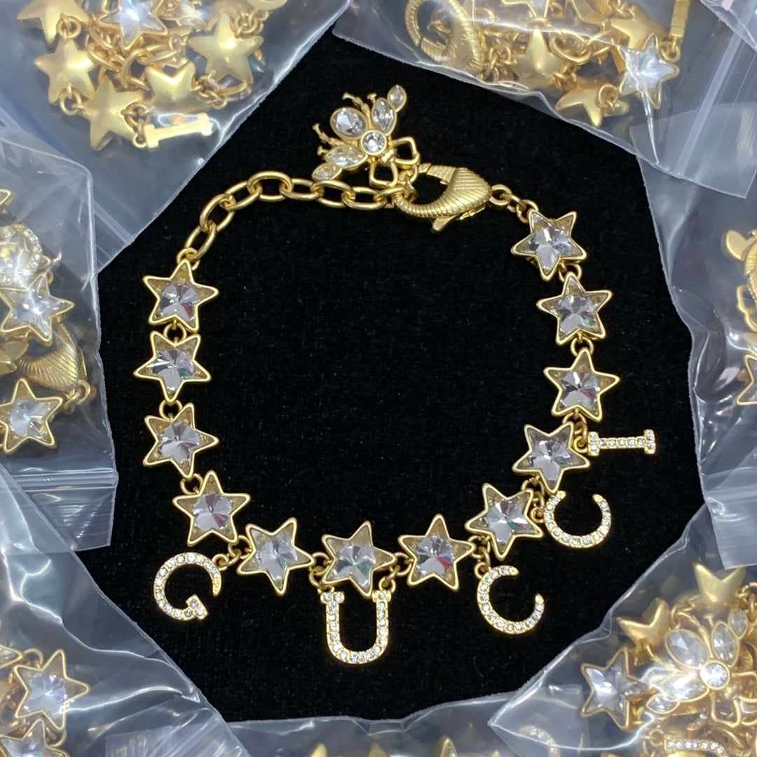 Gold Crystal Star & Letter Charm Jewelry Set