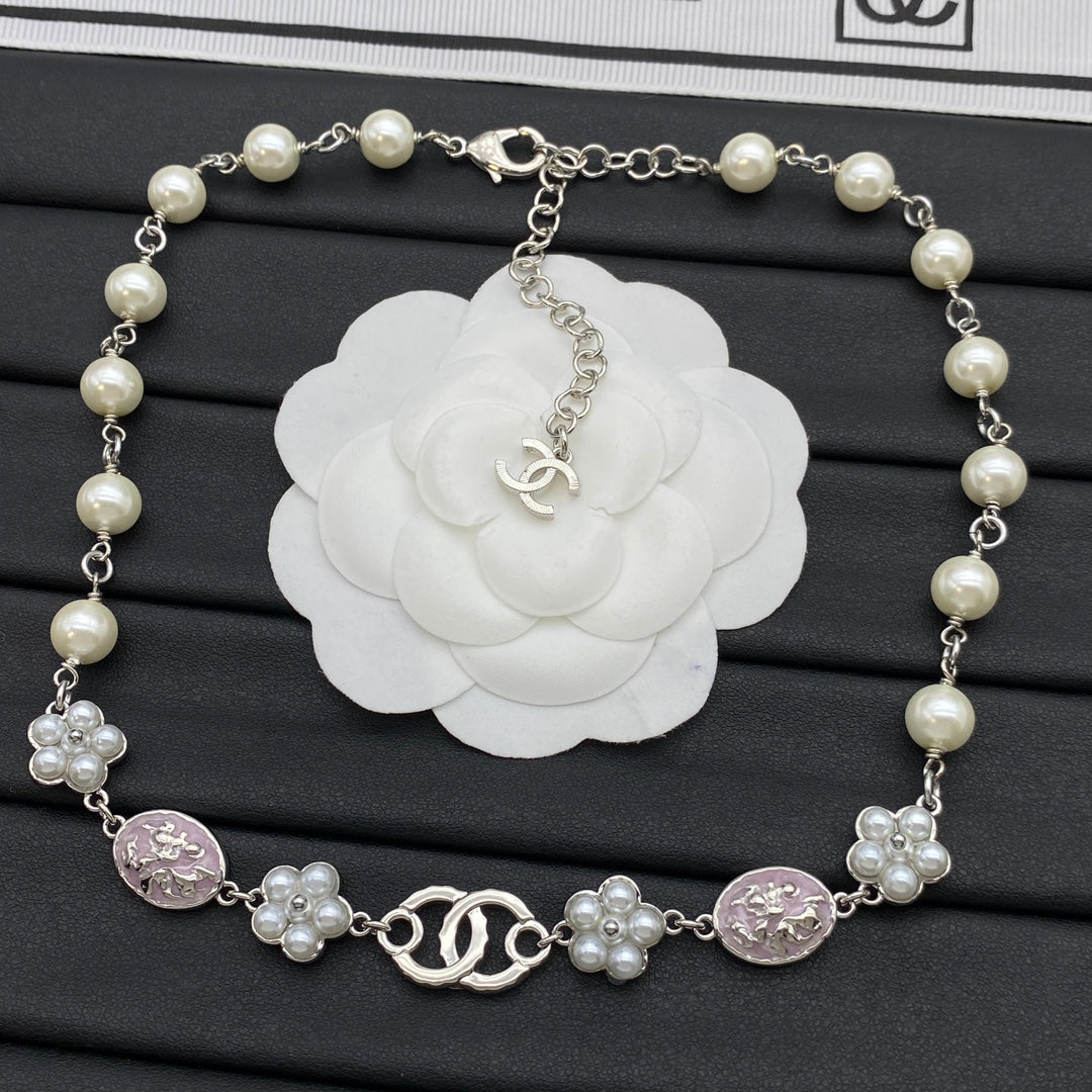 Pearl Strand CC Camellia & Coin Charm Station Necklace – Gold & Silver