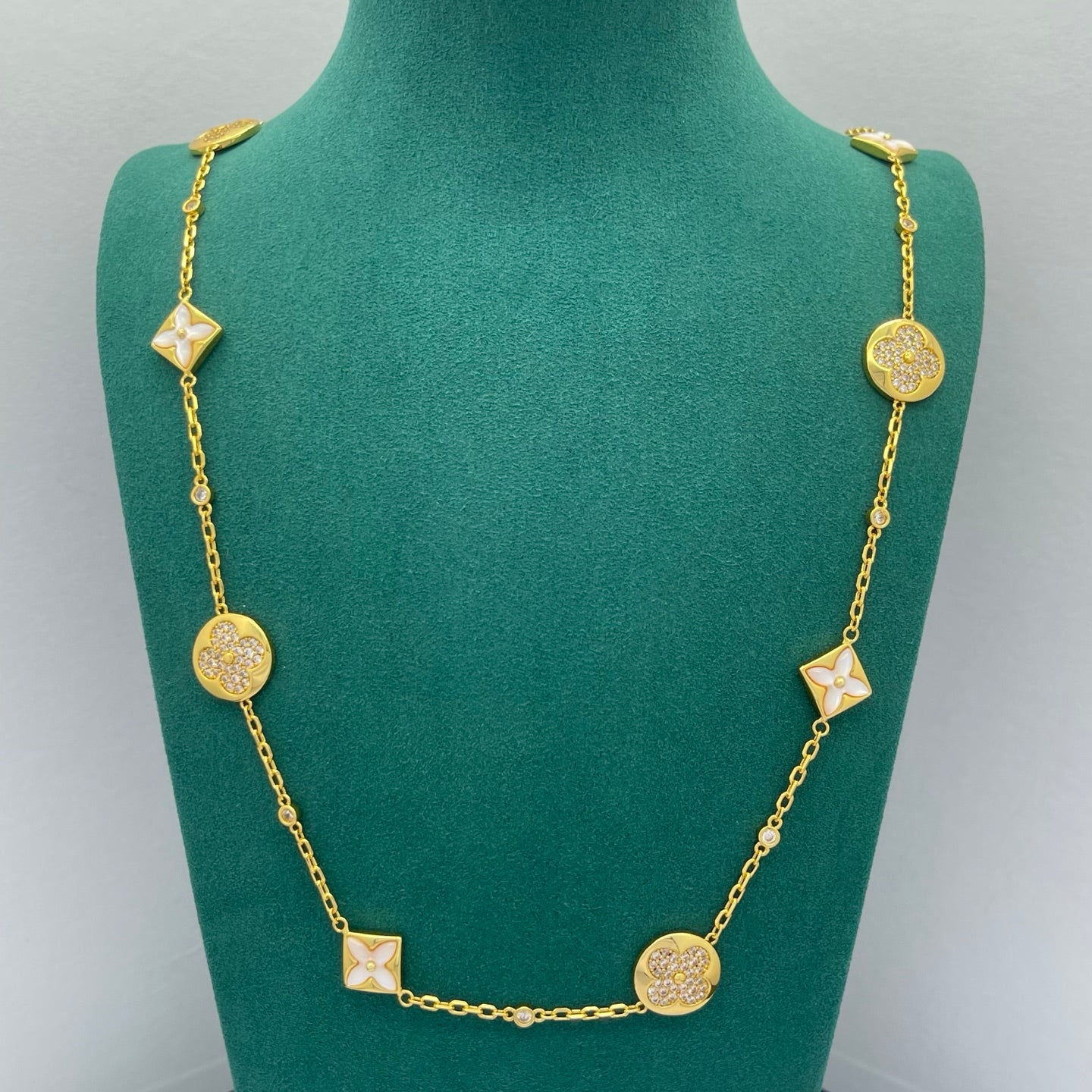 Pavé Disc & Mother of Pearl Floral Long Station Necklace