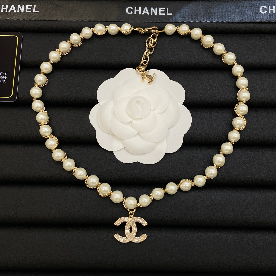 Gold-Wrapped Faux Pearl Beaded Long Necklace & Bracelet Set
