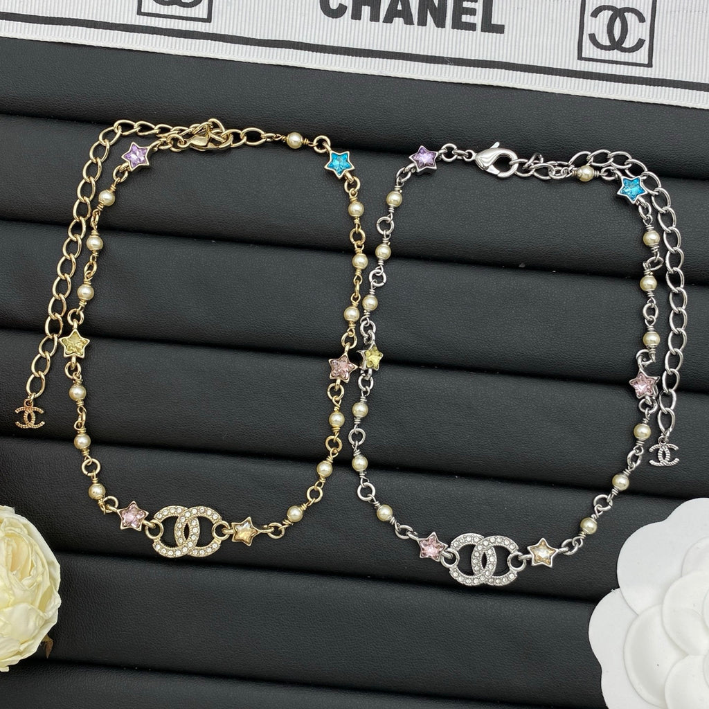 Colorful Star & Pearl Beaded Chain Necklace with Crystal Centerpiece – Gold & Silver