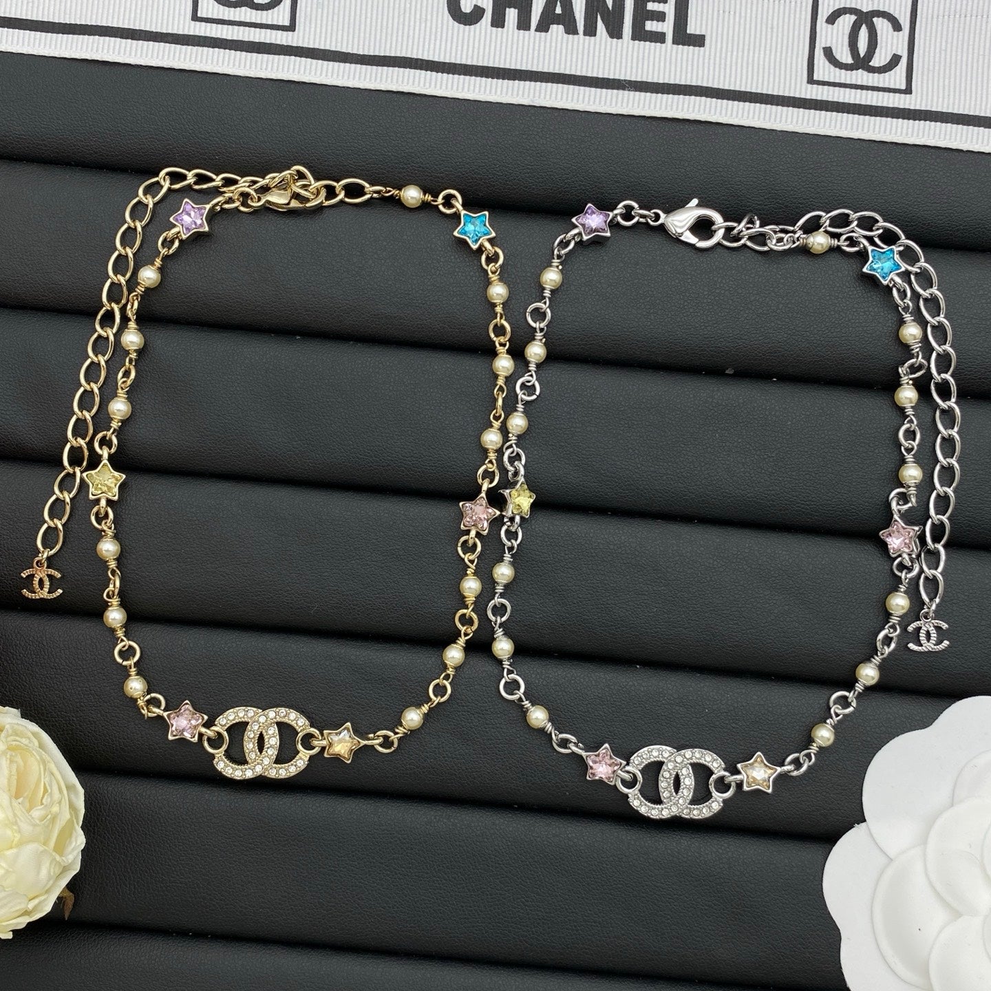Colorful Star & Pearl Beaded Chain Necklace with Crystal Centerpiece – Gold & Silver