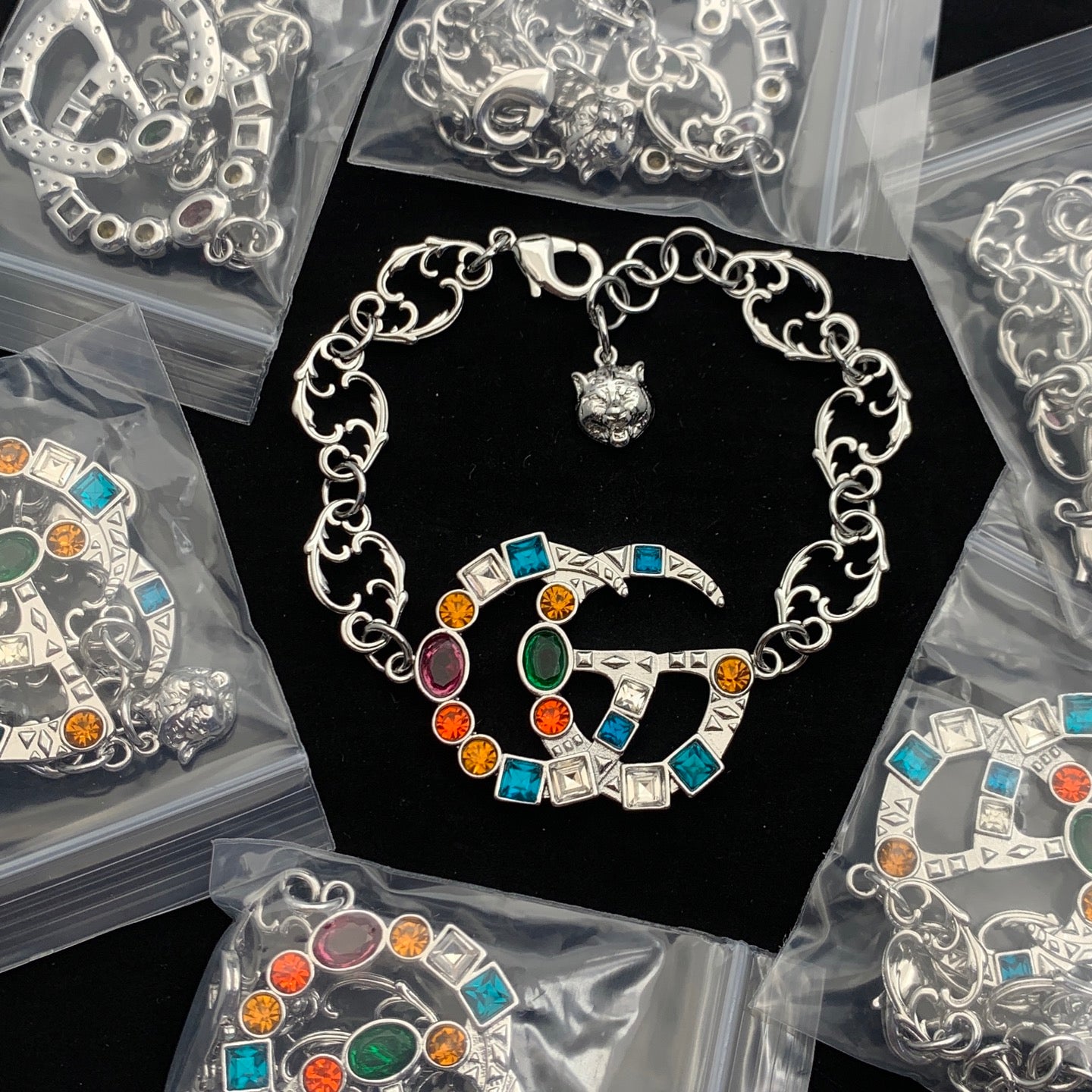 Multicolor Gemstone Logo Chain Jewelry Set