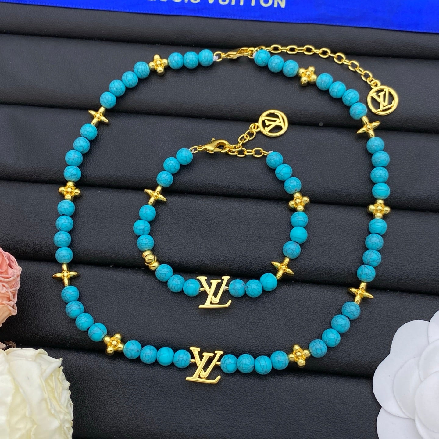 Turquoise Stone Bead & Gold Star Flower Charm Necklace & Bracelet Set
