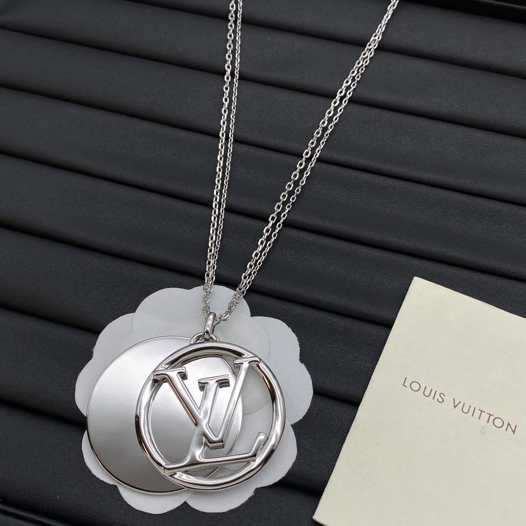 Oversized Round Medallion Coin Pendant Double Cable Chain Long Necklace