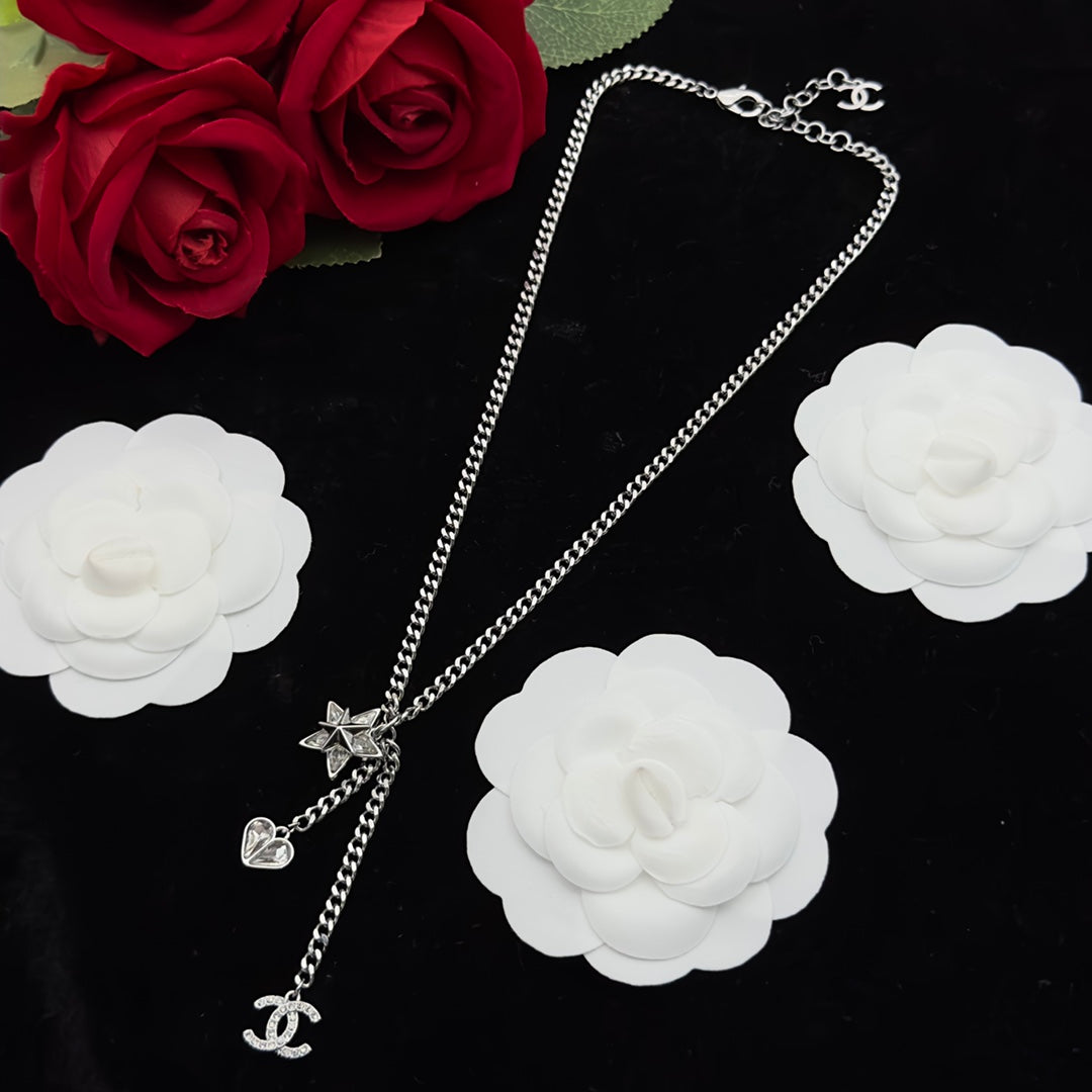 Crystal Star & Heart Lariat Necklace with Matching Drop Earrings