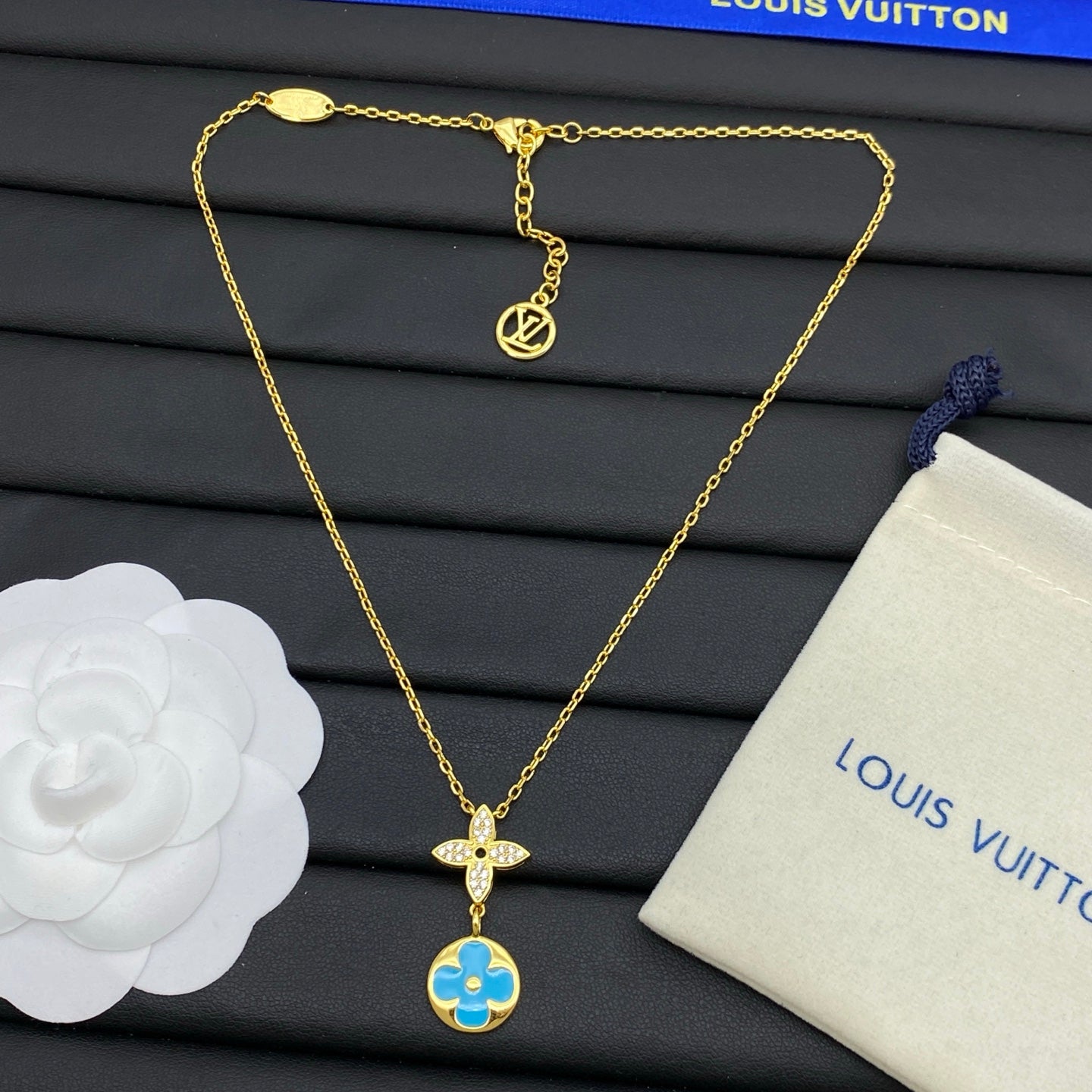 Crystal Four-Petal & Enamel Coin Double Pendant Necklace