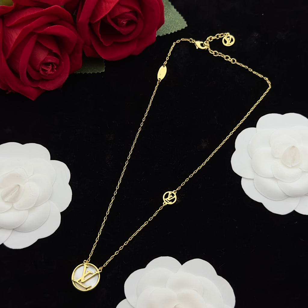 Hollow Letter Coin Charm Necklace & Bracelet Set – Gold-Tone with Shell Disc