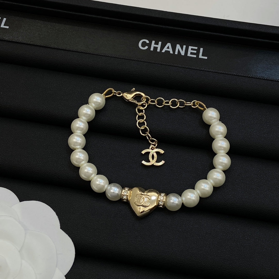 Pearl Bead Heart Charm Necklace & Bracelet Set