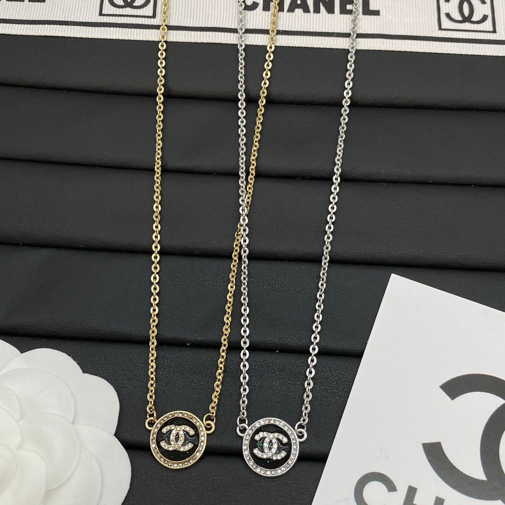 Black Enamel Circle Logo Pendant Necklace | Crystal Pavé Halo | Dainty Rolo Chain | Gold & Silver Tone