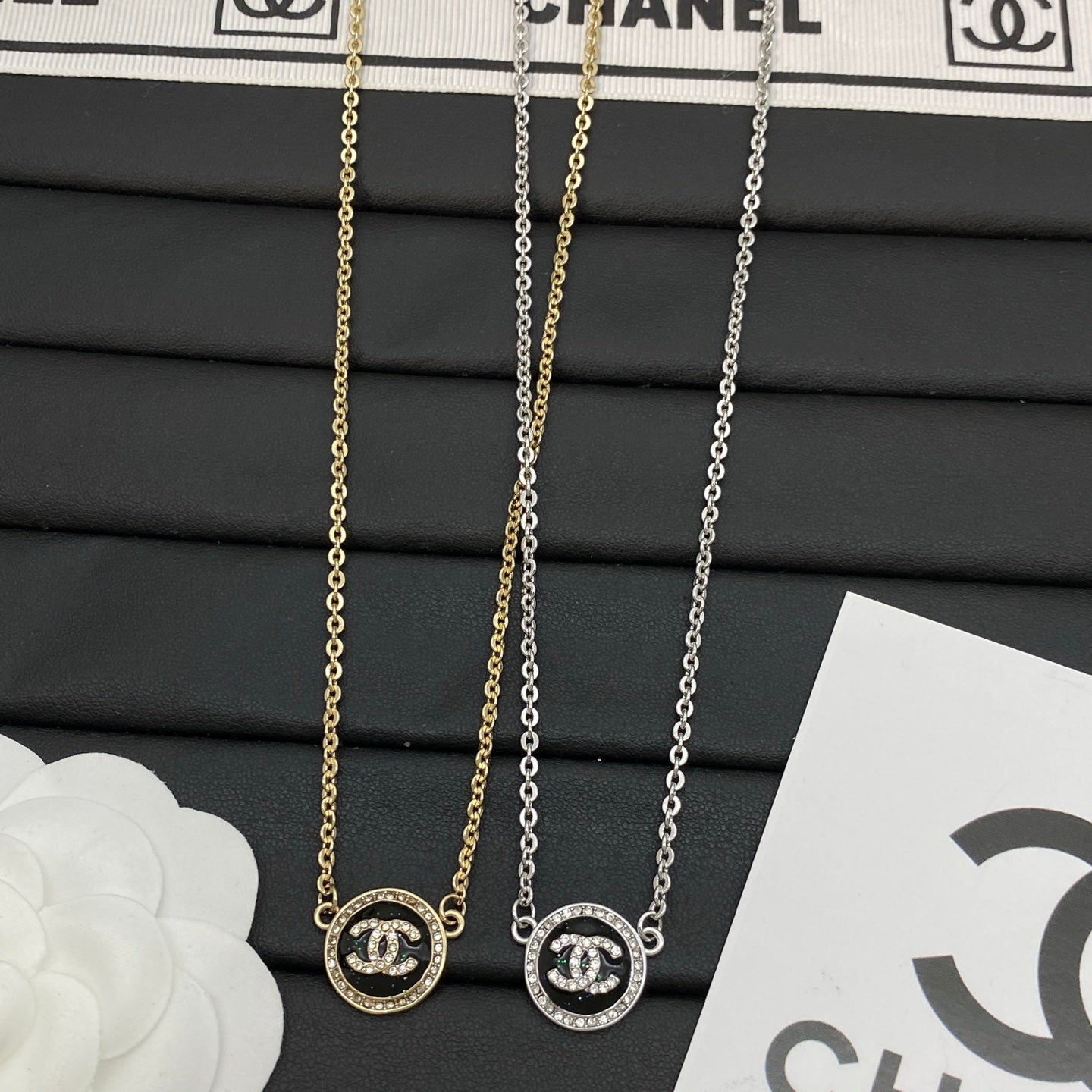 Black Enamel Circle Logo Pendant Necklace | Crystal Pavé Halo | Dainty Rolo Chain | Gold & Silver Tone