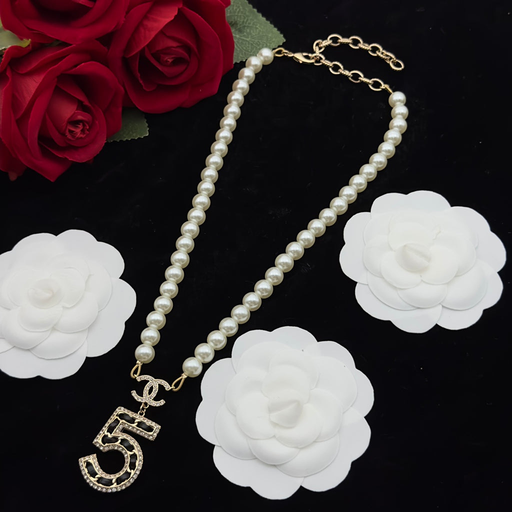 Crystal Number '5' Pendant Necklace Set – Pearl Strand & Gold Curb Chain with Matching Earrings