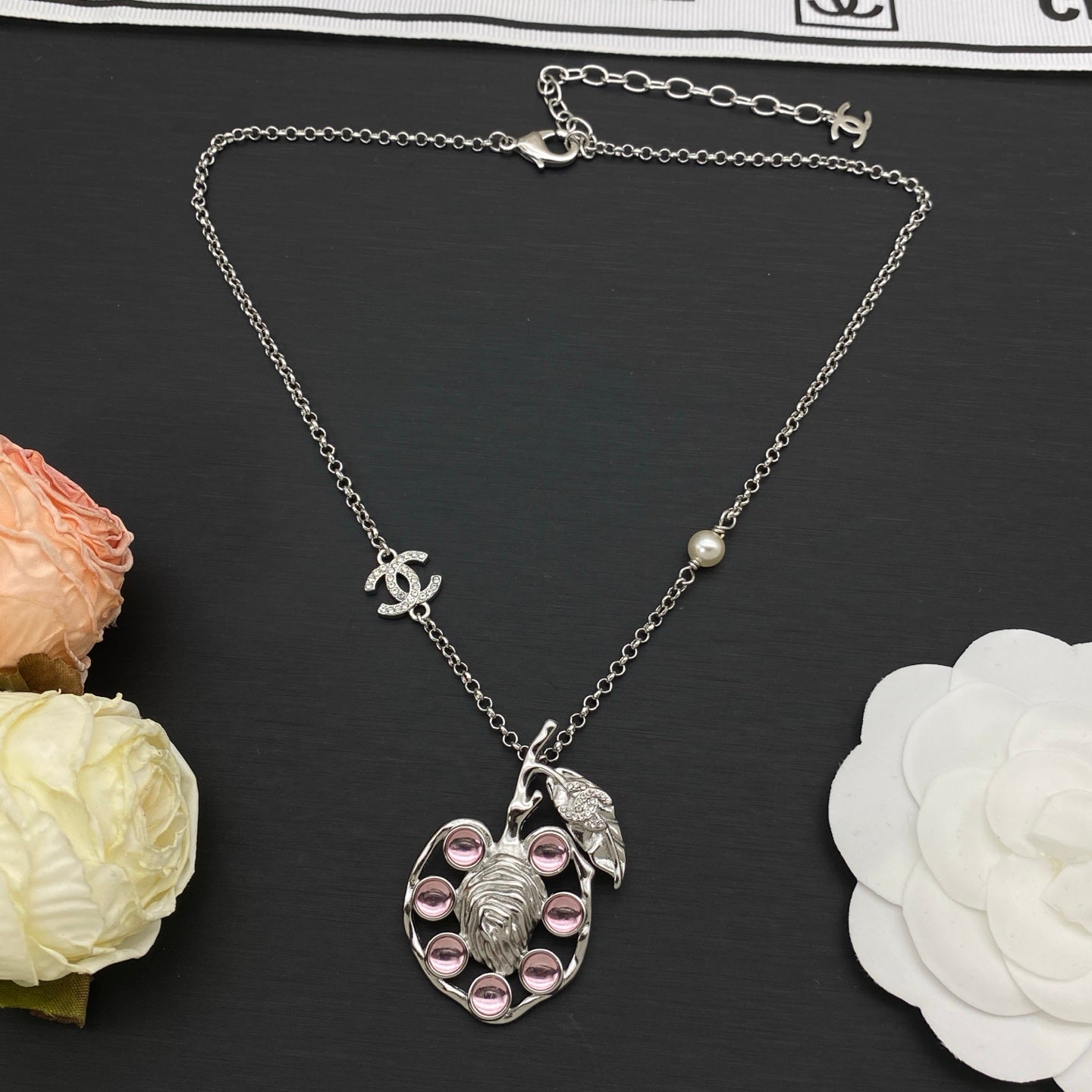Lion & Leaf Pendant Long Necklace | Pink Crystal Cabochon | Gold & Silver